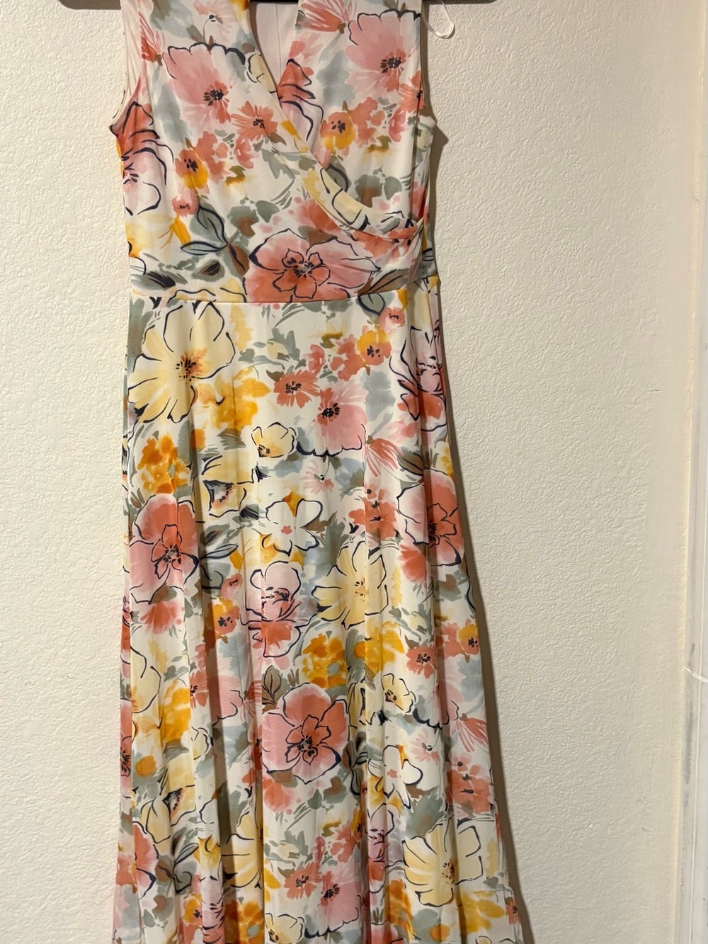 Studio One Floral Wrap Midi Dress in Pink, Yellow & Cream